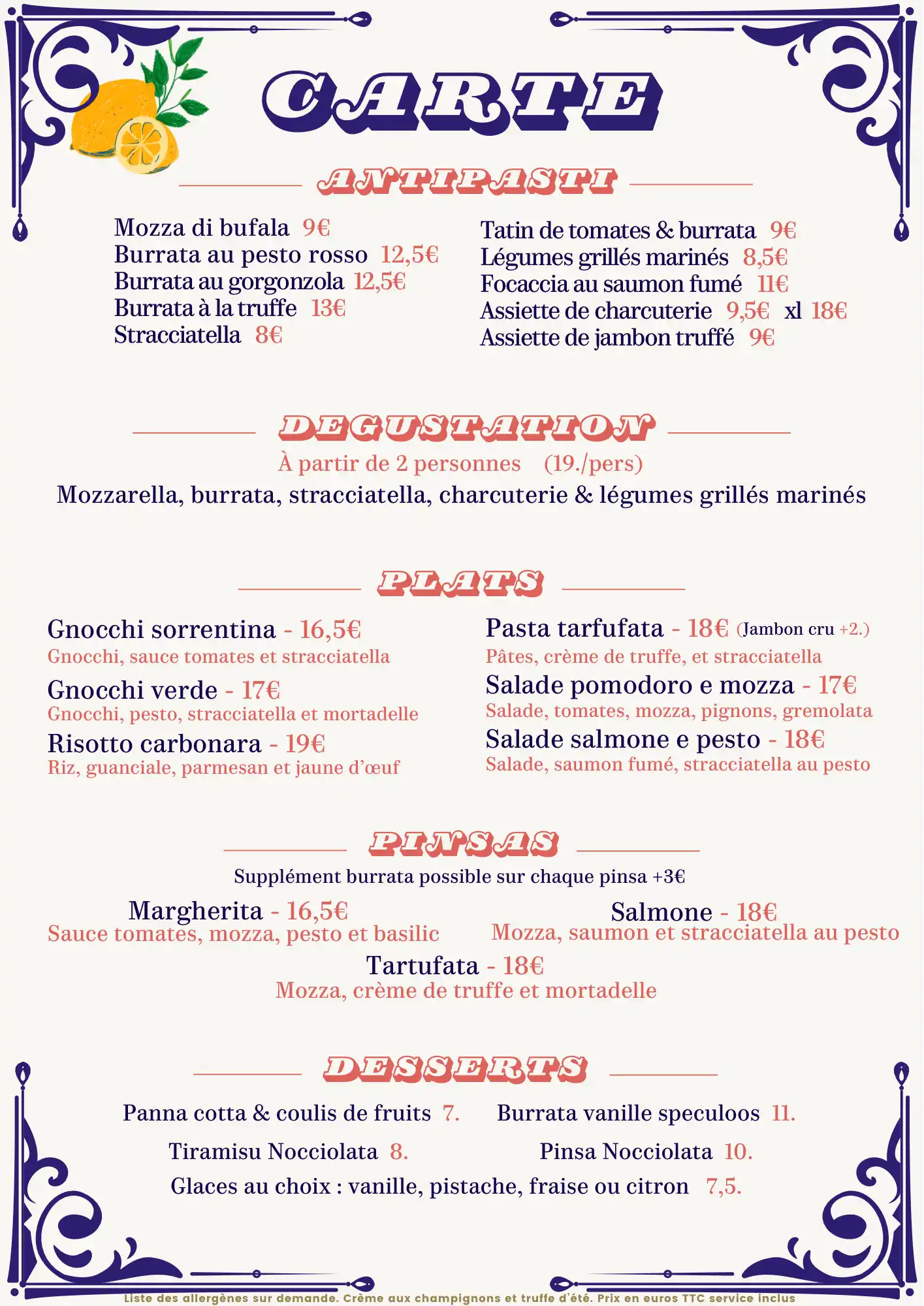 Première page de la carte La Mozzarelle
